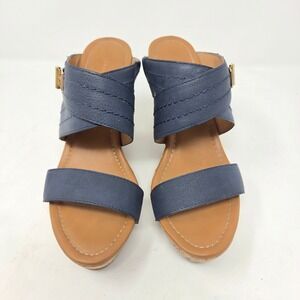 Tommy Hilfiger Navy Blue Cork Wedge Sandals Gold Buckle TWMILI2-T Womens 8M
